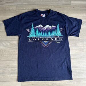 Vintage‎ Aspen Colorado Ski T Shirt Sz Med SS Hanes 50/50 Made in USA Navy Blue